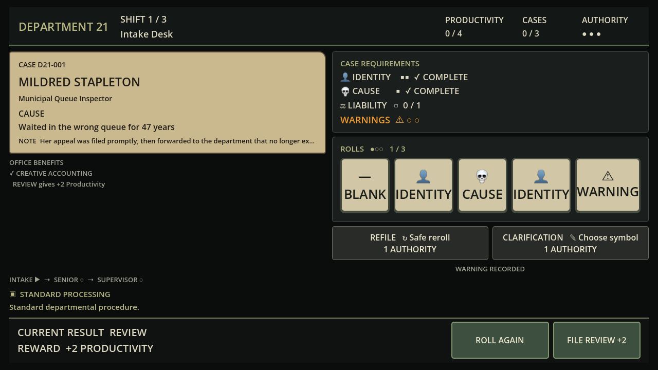Department 21 Document Dice gameplay
